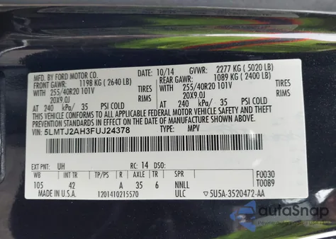 2015 Lincoln Mkc from USA, damaged, VIN 5LMTJ2AH3FUJ24378